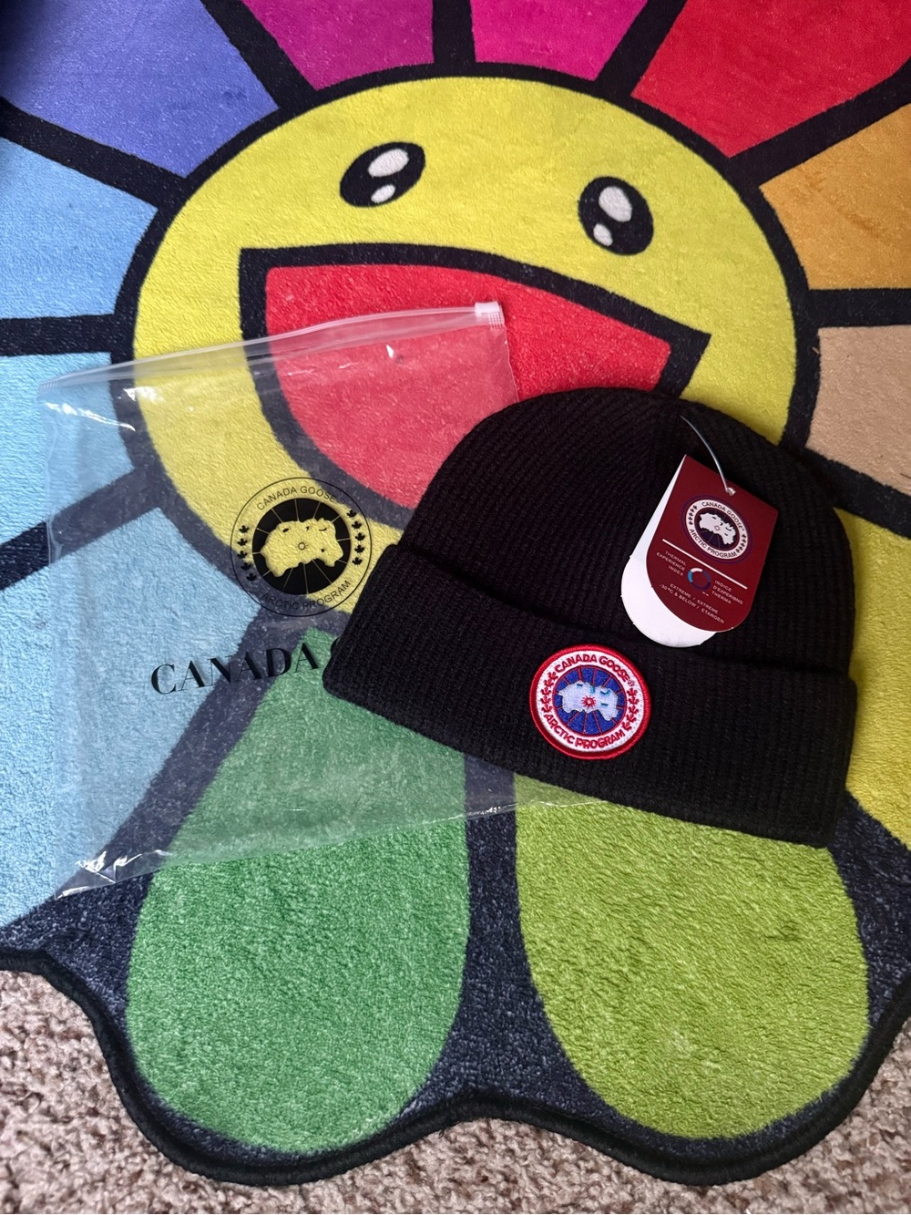 Canada Goose Kids Black Ribbed Cuff Beanie with Logo Patch